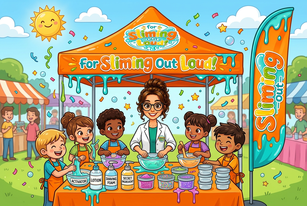 Emma in front of the For Sliming Out Loud orange gazebo stall
